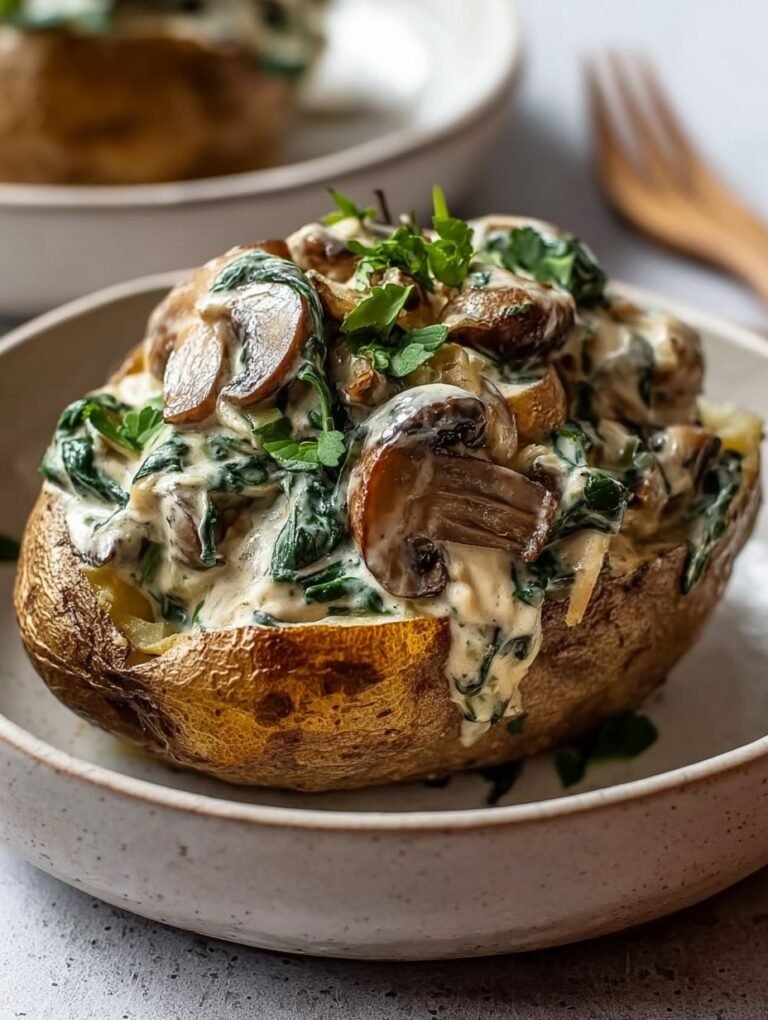 Airfryer Ofenkartoffel mit cremiger Pilz-Spinat-Füllung