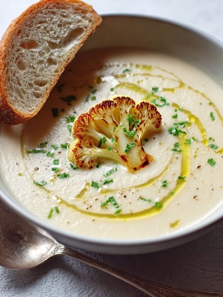 Cremige Blumenkohlsuppe mit geröstetem Topping.