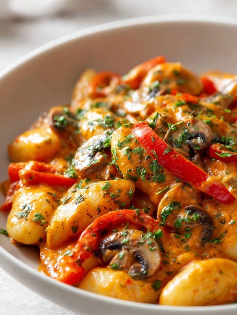 Cremige Schupfnudelpfanne mit Paprika und Pilzen