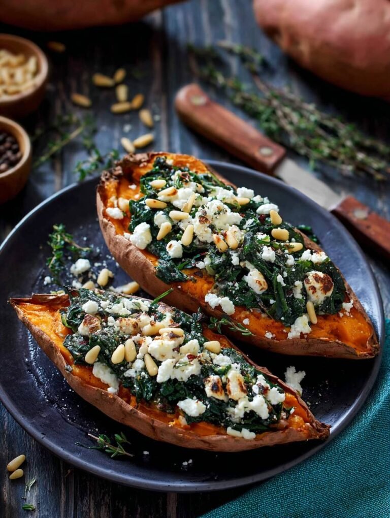 Gesunde, cremige Süßkartoffeln mit Spinat & Feta