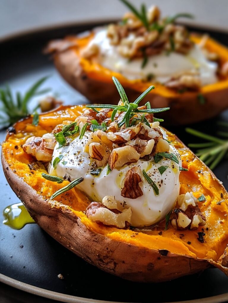 Gesunde gefüllte Süßkartoffeln mit Burrata & Walnüssen.