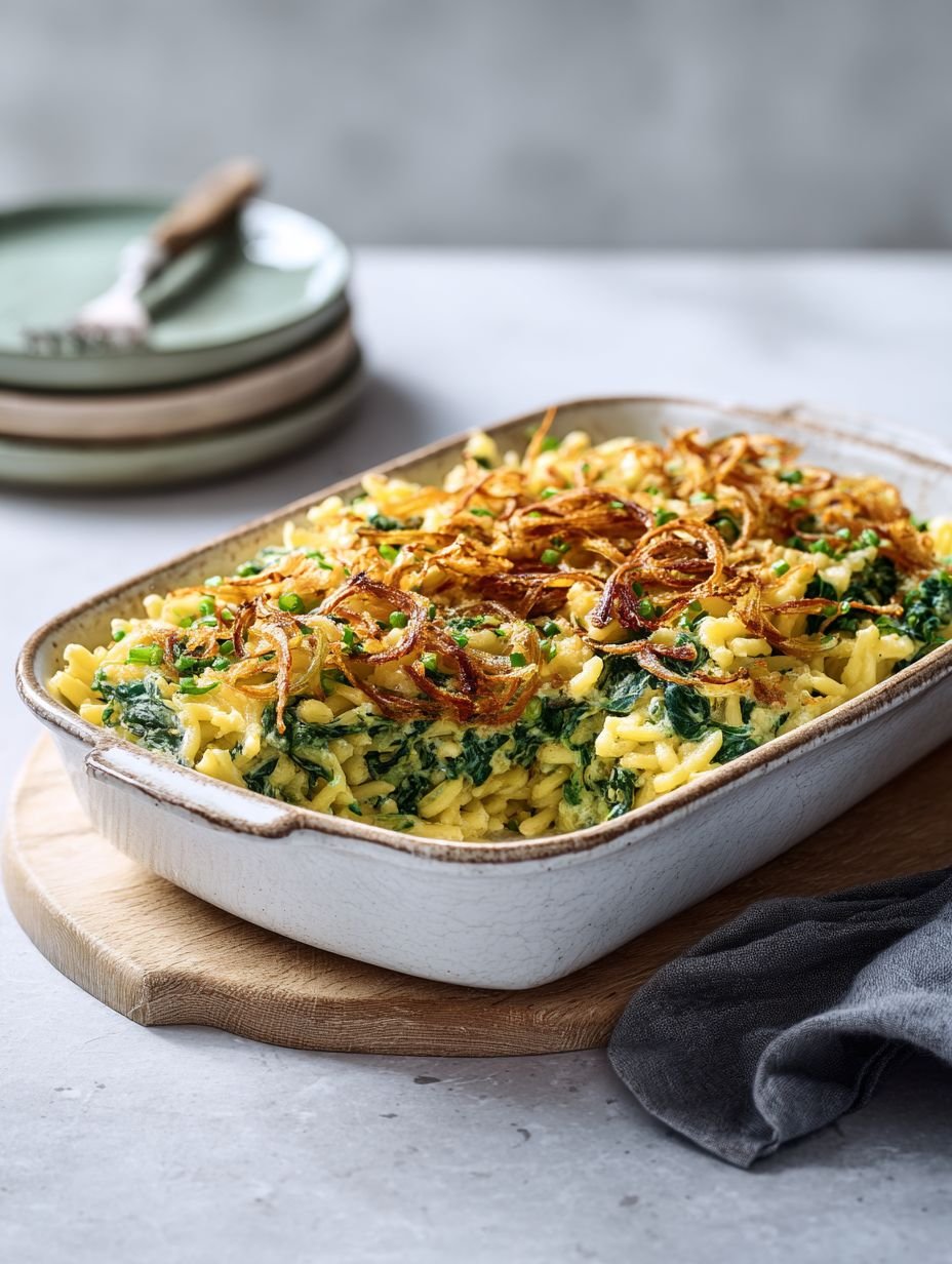 Gesunder Spinat-Spätzleauflauf mit knusprigen Zwiebeln image 2
