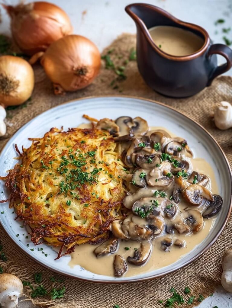 Knusprige Rösti mit Zwiebel-Pilzrahmsoße: Unwiderstehlich!