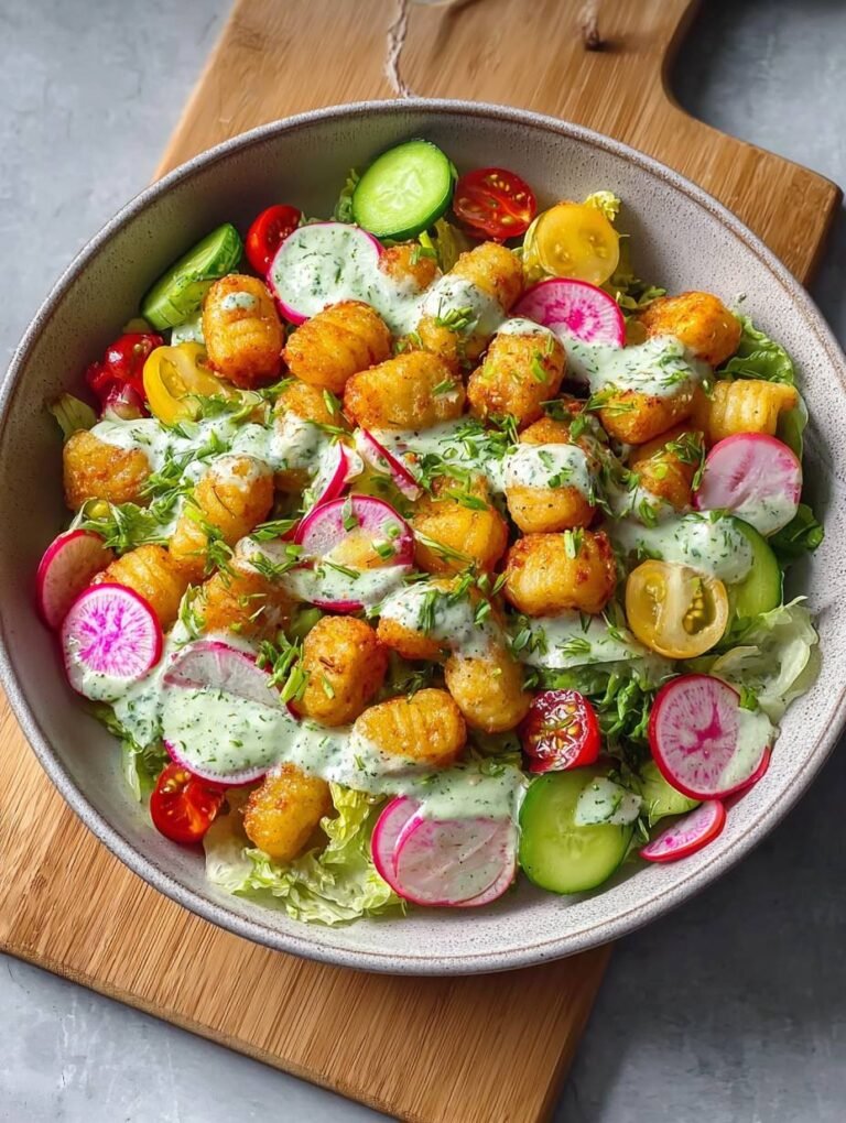 Knuspriger Gnocchi Salat mit frischem Kräuter-Dressing