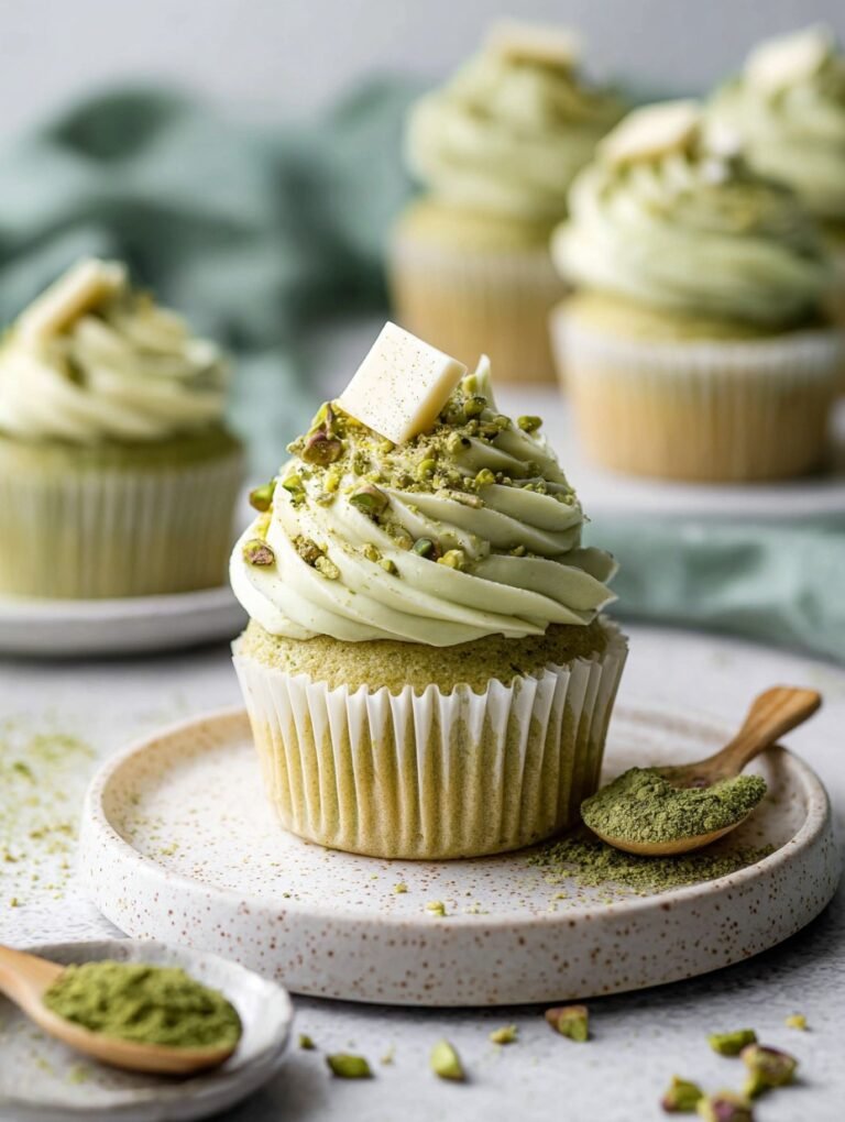 Matcha Pistazien Cupcakes mit cremigem Frischkäse.