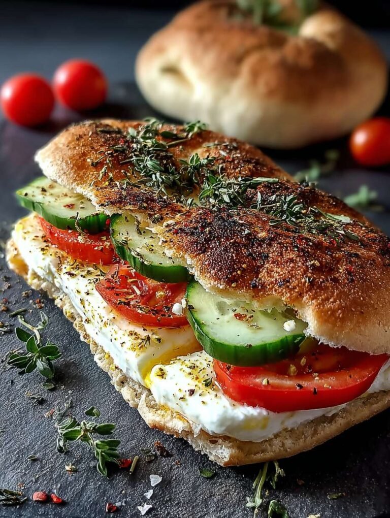 Würziges Fladenbrot: Schafskäse, Tomate, Gurke.