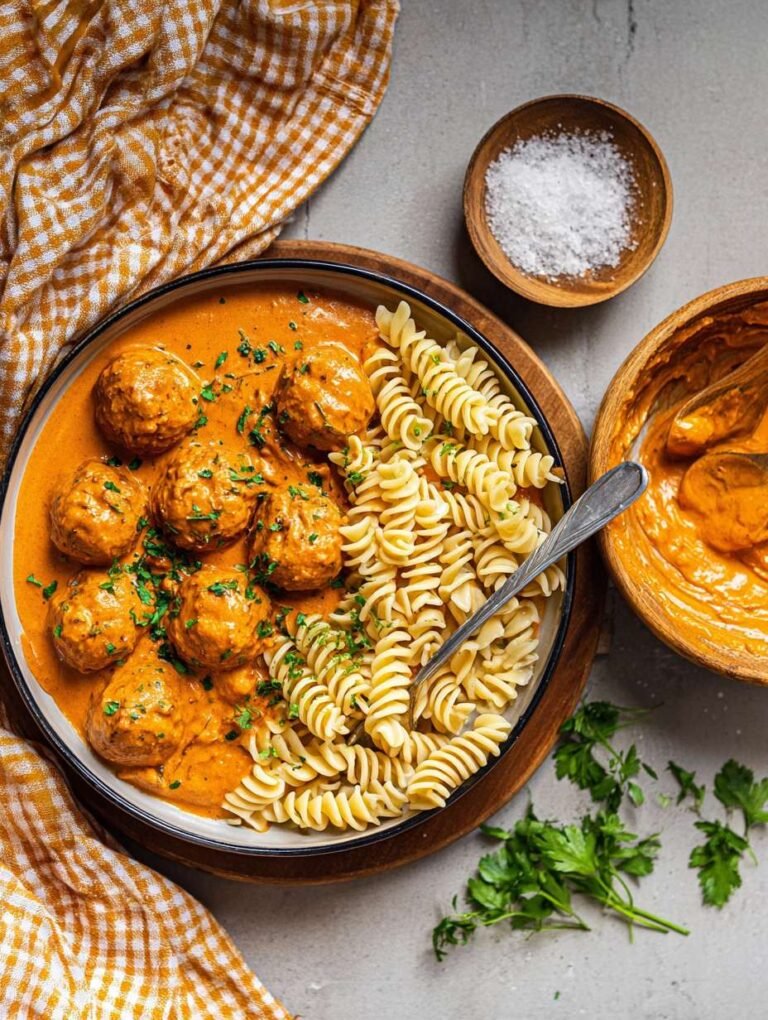 Cremige Linsenbällchen mit Pasta in Tomatensauce