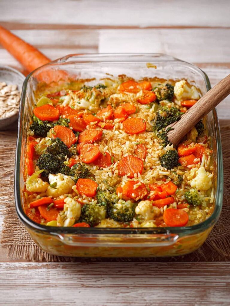Gesunder veganer Reisauflauf mit buntem Gemüse