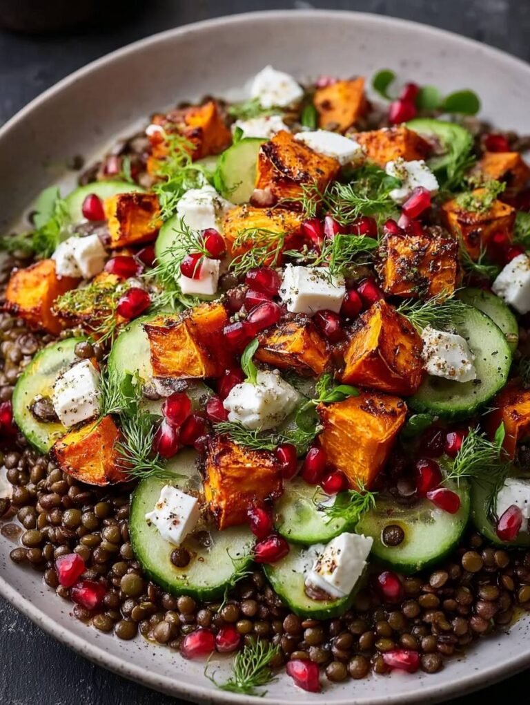Herzhafter Linsensalat mit Kürbis und Granatapfelkernen
