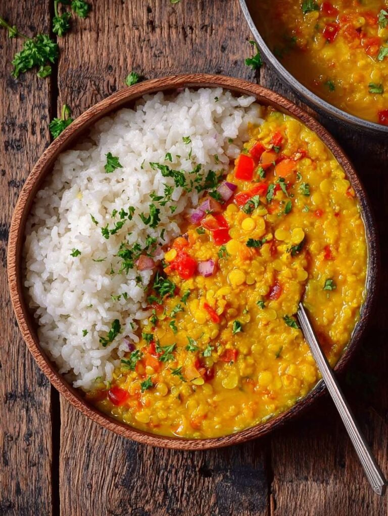 Linsencurry mit Reis und frischem Gemüse genießen