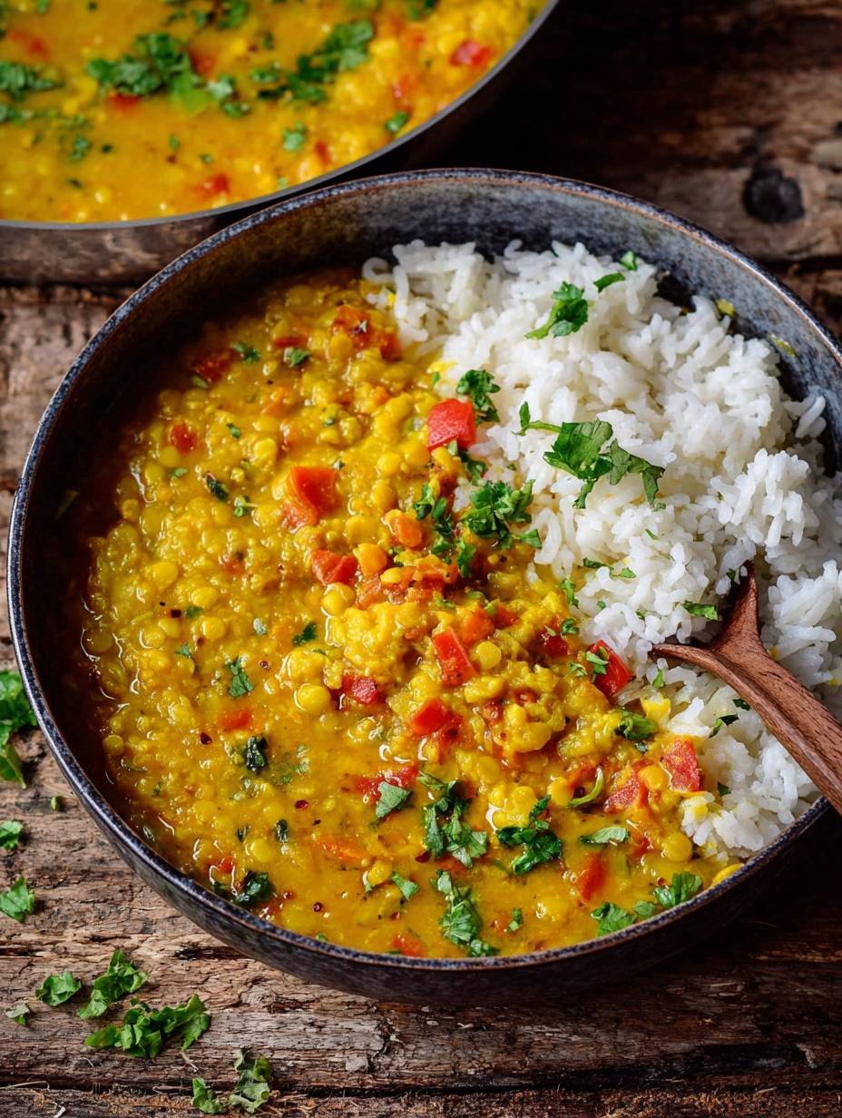 Linsencurry mit Reis und frischem Gemüse genießen image 2