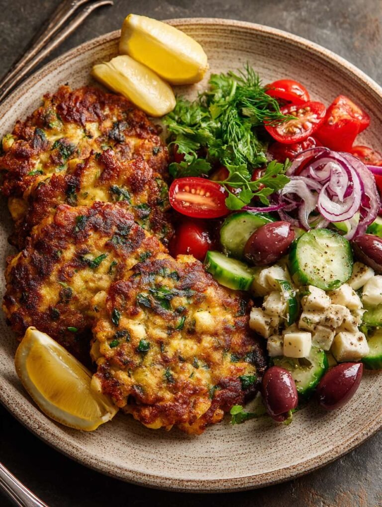 Mediterrane Kartoffel-Feta-Puffer mit frischem Salat