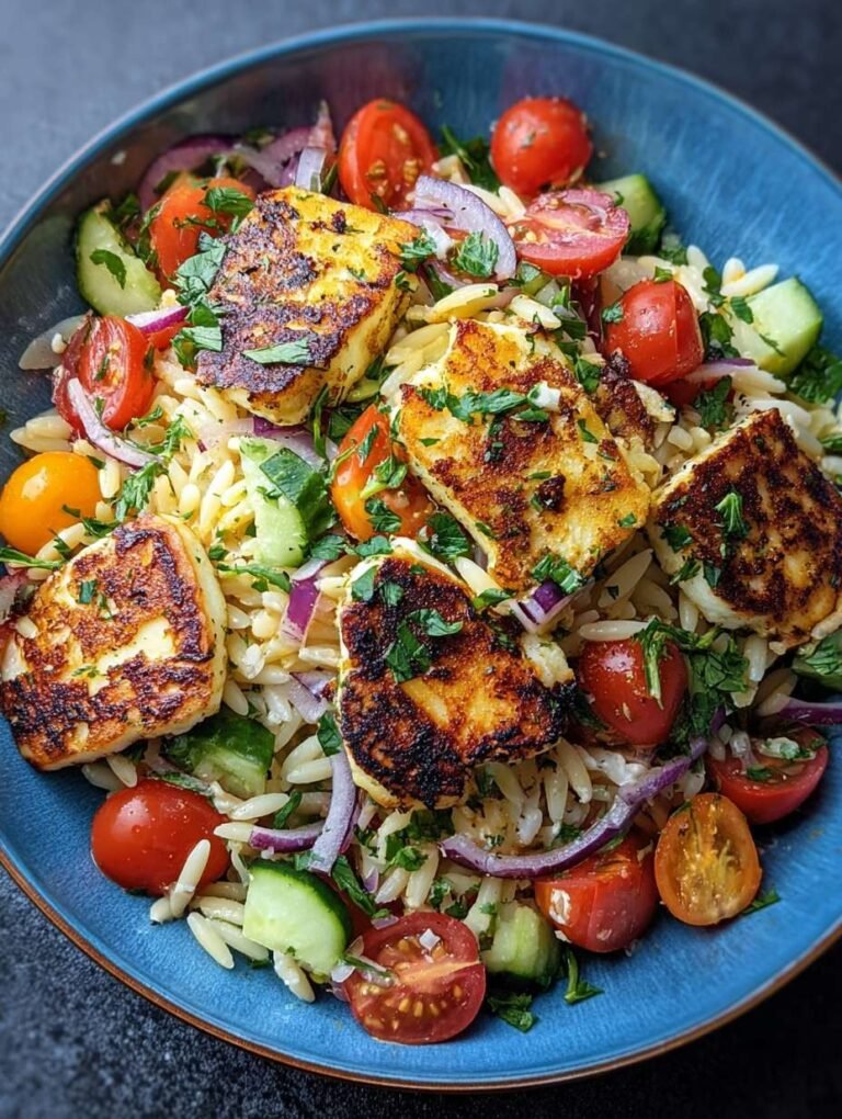 Mediterranean Kritharaki Salad with Grilled Halloumi Recipe