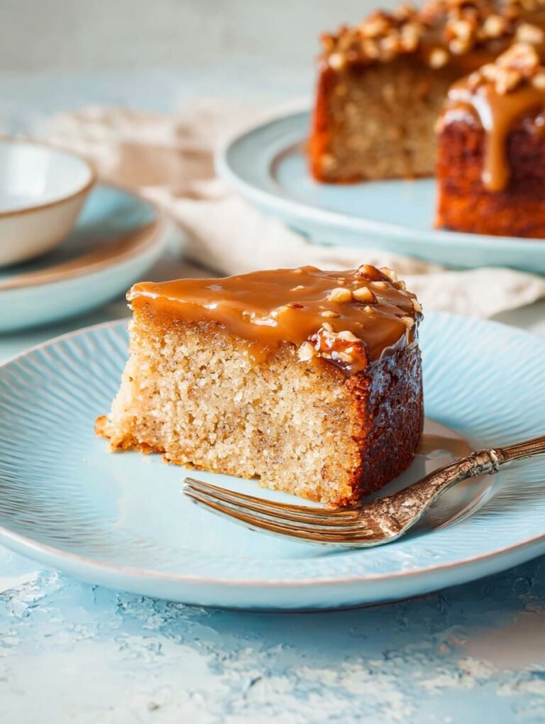 Saftiger Nusskuchen mit Karamellüberzug und Nüssen