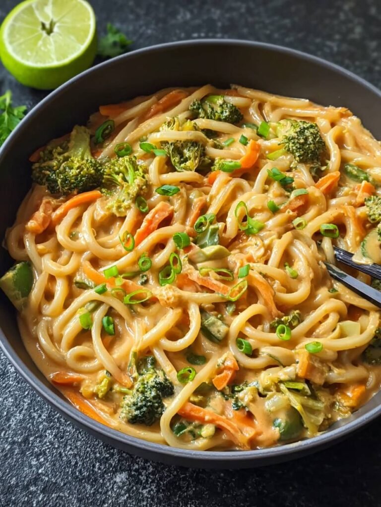 Schnelle Udon Nudeln mit Erdnusssauce und frischem Gemüse