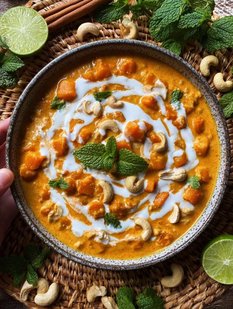Süßkartoffel Curry mit Kokosnuss und Cashewkernen