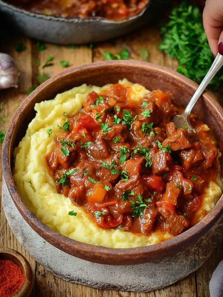 Veganes Gulasch mit cremigem Kartoffelpüree genießen