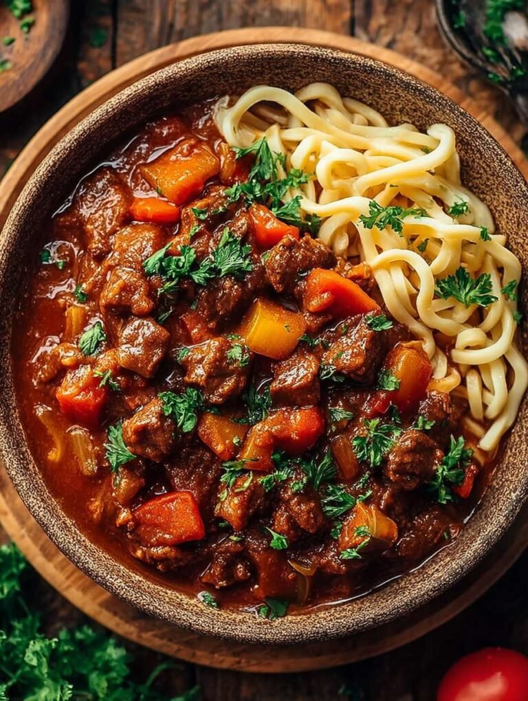 Veganes Gulasch mit würzigen Aromen und Nudeln