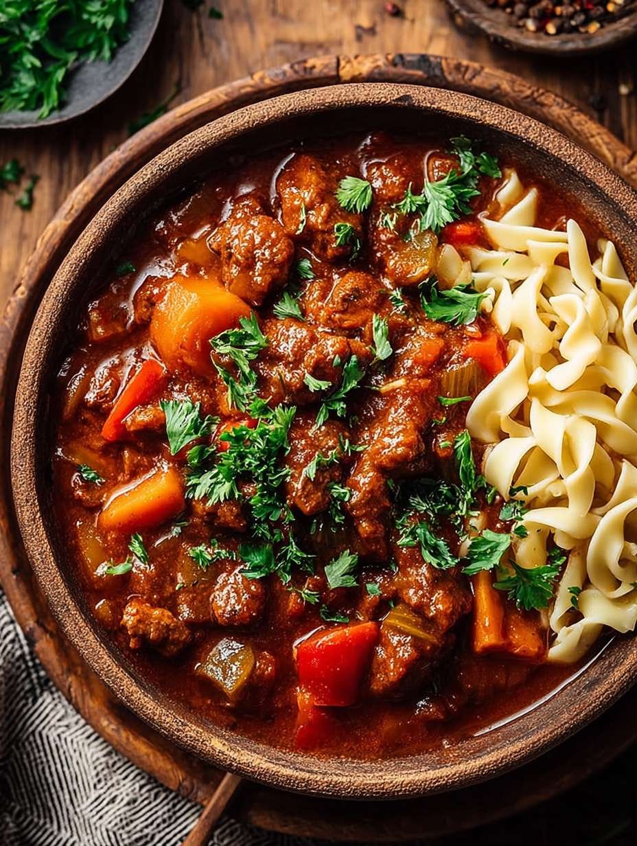 Veganes Gulasch mit würzigen Aromen und Nudeln image 2